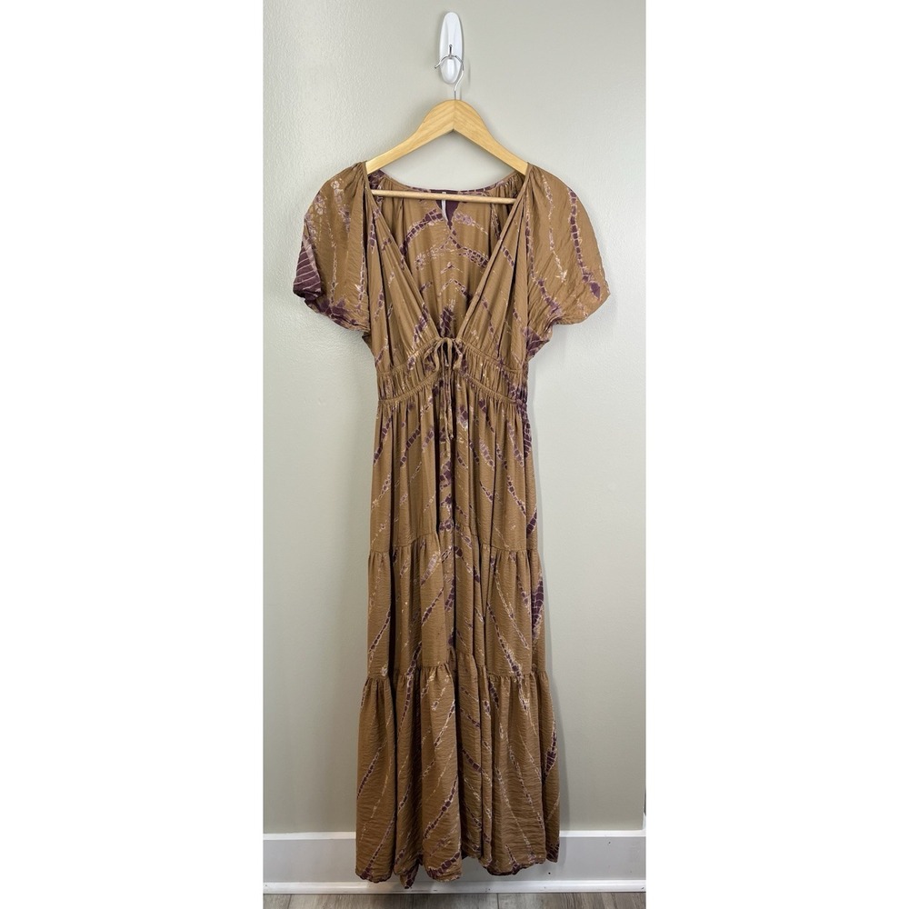 Young Fabulous & Broke YFB Tie Dye Tiered Maxi Dress Brown Purple Boho Small